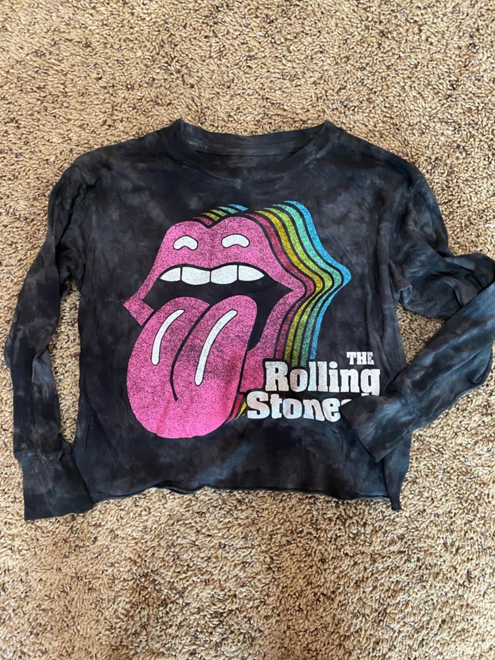 Rowdy Sprout Black Tie-Dye Long Sleeve Tee with Pink & Rainbow Graphic